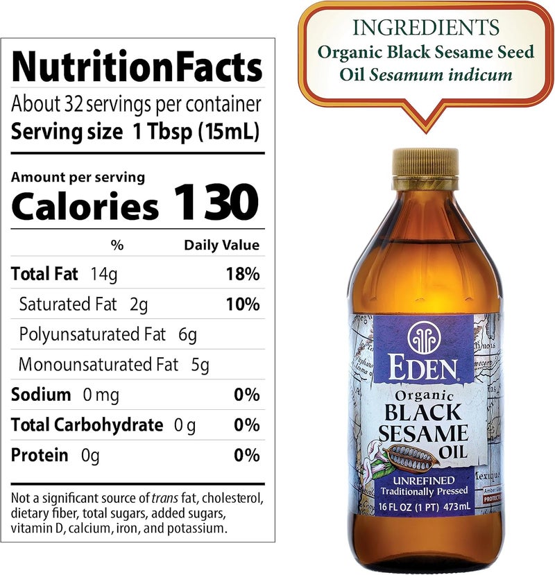 Eden Organic Black Sesame Oil, Unrefined, 16 oz Amber Glass Bottle - Image 2